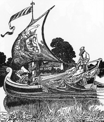 Arthurian Legend: The Barge of the Dead bringer kong Arthur lik Illustrasjon av Howard Pyle (1853-1911) fra "The Story of Sir Launcelot and His Companions" 1907 Private Collection av Howard Pyle