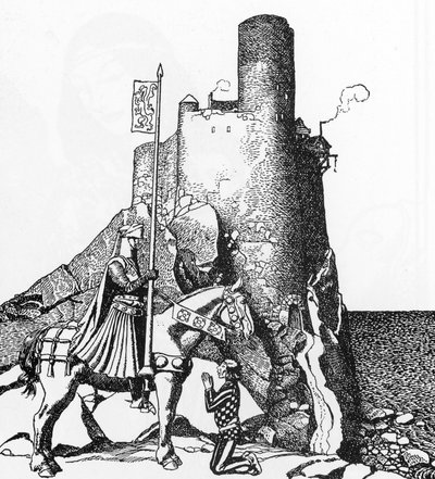 Arthurian Legend: Tristan ankommer slottet i Nabon (Sir Tristam ankommer slottet til Sir Nabon) Illustrasjon av Howard Pyle (1853-1911) fra "The Story of the champions of the round table"" 1905 Privat samling av Howard Pyle
