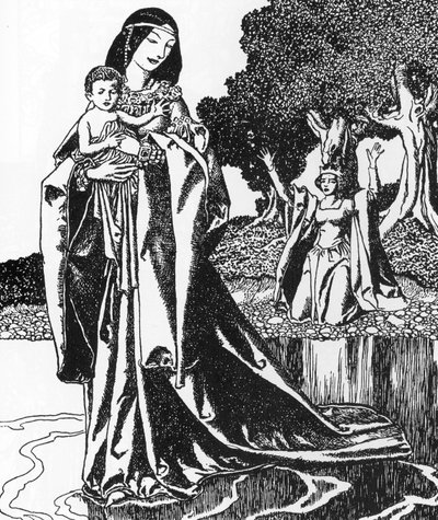 Arthurian Legend: la dame du Lacableve Lancelot enfant (Lancelot bæres av Lady of the Lake) Illustrasjon av Howard Pyle (1853-1911) fra "Historien om mesterne ved det runde bordet"" 1903 Privat samling av Howard Pyle