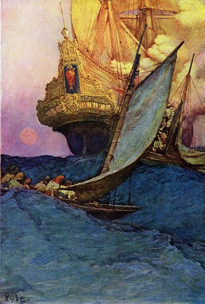 Angripe en gallion av pirater. "" Book of pirates Buccaneers and Marooners of the Spanish Main" av Howard Pyle (1853-1911), amerikansk illustratør av Howard Pyle