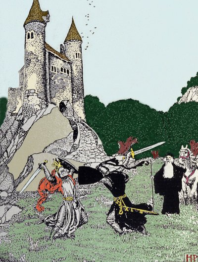 Kamp mellom kong Arthur (Artus) og den svarte ridderen i nærvær av den fortryllende Merlin. Illustrasjon av Howard Pyle (1853 - 1911), amerikansk illustratør av Howard Pyle