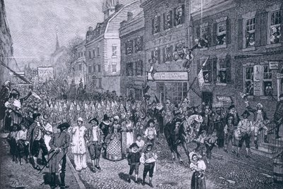 Carnival at Philadelphia, illustrasjon fra 'The Battle of Monmouth Court House' av Benson J. Lossing, pub. i Harper's Magazine, juni 1878 av Howard Pyle
