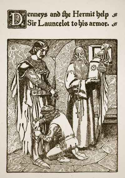 Denneys og eremitten hjelper Sir Launcelot til rustningen hans, illustrasjon fra 
