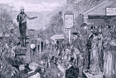 'General Jackson, påtroppende president, på vei til Washington', illustrasjon fra 'A Presidential Progress', pub. i Harper's Weekly, 1881 av Howard Pyle