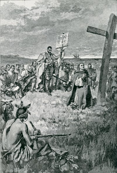 Jacques Cartier (1491-1557) Setter opp et kors ved Gaspe, illustrasjon fra 