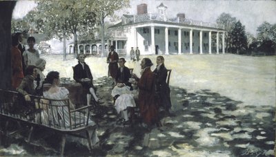 Martha og George Washington underholder vennene sine på plenen til Mount Vernon, 1898 (olje og grisaille på lerret) av Howard Pyle