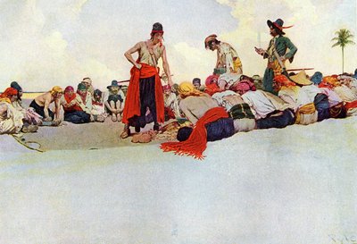 Deler skattmesteren mellom piratene gjenforent i en sirkel. Illustrasjon fra "Book of pirates Buccaneers and Marooners of the Spanish Main" av Howard Pyle (1853-1911), amerikansk illustratør av Howard Pyle
