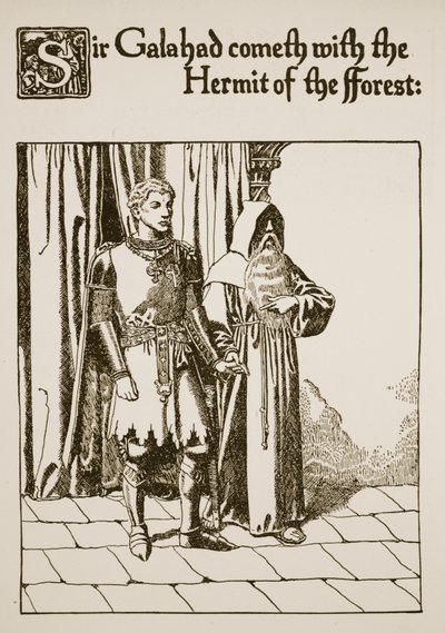 Sir Galahad kommer med skogens eremitt, illustrasjon fra 