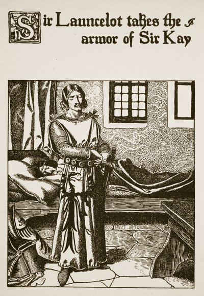Sir Launcelot tar rustningen til Sir Kay, illustrasjon fra 