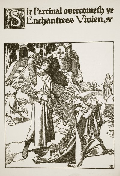 Sir Percival overvinner trollmannen Vivien, illustrasjon fra 
