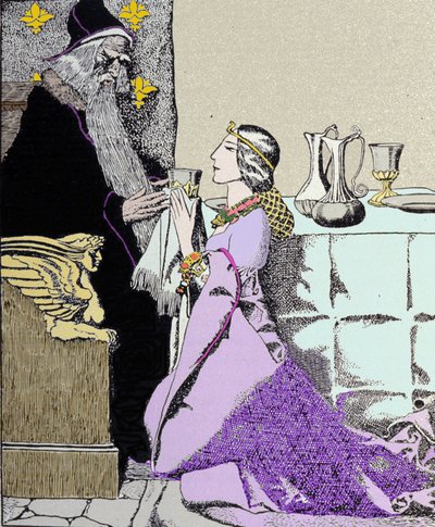 Viviane-avgiften trollbinder Merlin the Enchanter. Illustrasjon av Howard Pyle (1853 - 1911), amerikansk illustratør av Howard Pyle