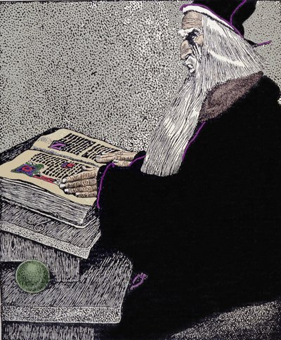 Magikeren Merlin. Illustrasjon av Howard Pyle (1853 - 1911), amerikansk tegneserieskaper, for "The Story of King Arthur and His Knights" av Howard Pyle