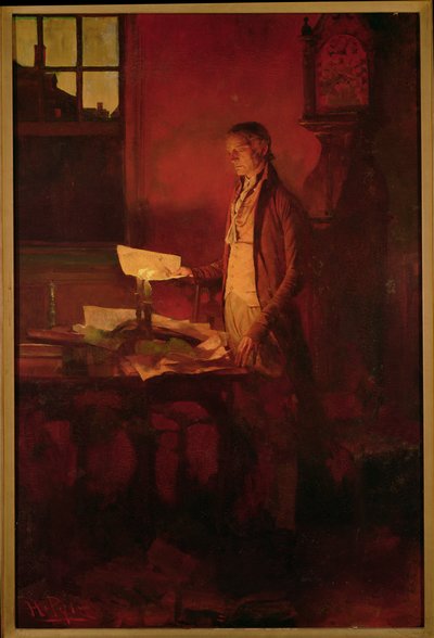 Thomas Jefferson Writing the Declaration of Independence, fra 'The Story of the Revolution' av Henry Cabot Lodge (1850-1924), publisert i Scribner's Magazine, mars 1898 (olje på lerret) av Howard Pyle