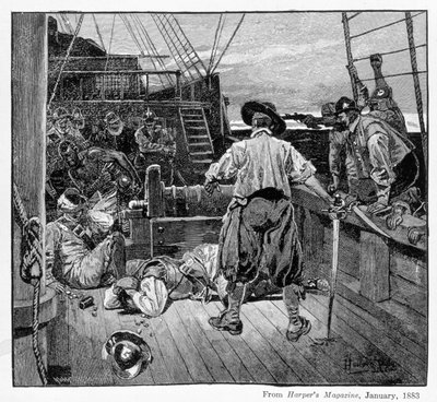 Thomas Moon begynte å legge seg rundt ham med sverdet sitt, gravert av Henry Wolf, fra Harper's Magazine, 1883 av Howard Pyle