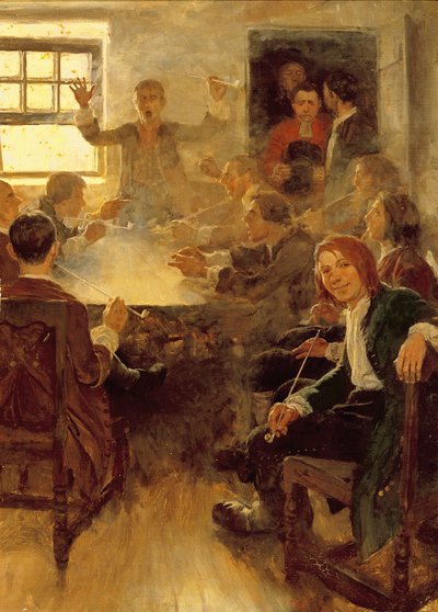 Undergraduate Life i 1679, fra 'Undergraduate Life at Harvard' av Edward S. Martin, publisert i Scribner's Magazine, mai 1897 (olje på lerret) av Howard Pyle