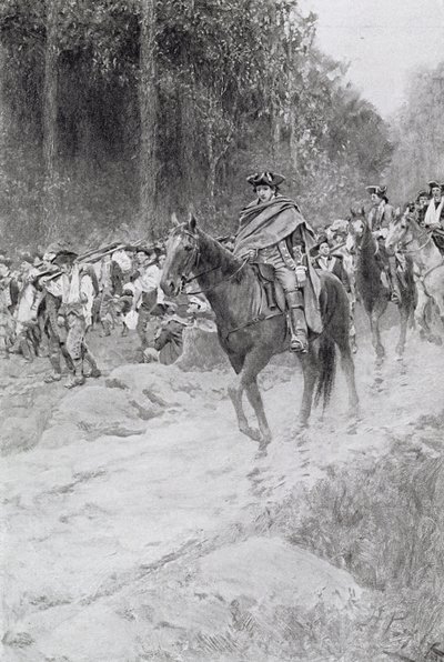 Washington's Retreat from Great Meadows, illustrasjon fra 'Colonel Washington' av Woodrow Wilson, pub. i Harper's Magazine, 1896 av Howard Pyle