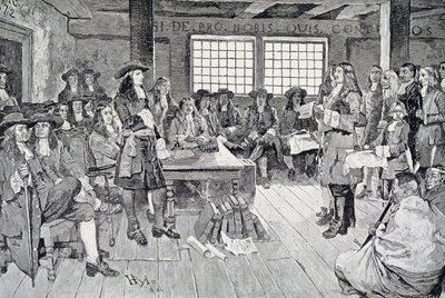 William Penn i konferanse med kolonistene, illustrasjon fra puben "The First Visit of William Penn to America". i Harper