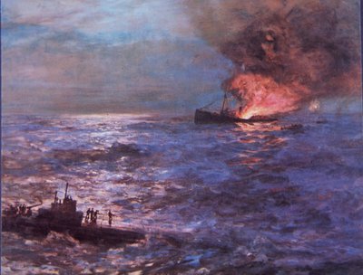 Handelsfartøy avskallet av tysk U-båt i WW2 (farge litho) av Howard Russell Butler