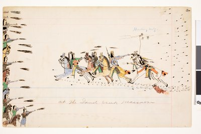 Ved Sand Creek Massacre, 1874-75 (penn, blekk og wc på hovedbokpapir) av Howling Wolf