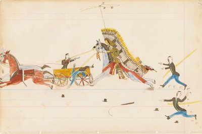 Howling Wolf Fighting Soldiers, 1874-75 (penn, blekk og wc på hovedbokpapir) av Howling Wolf