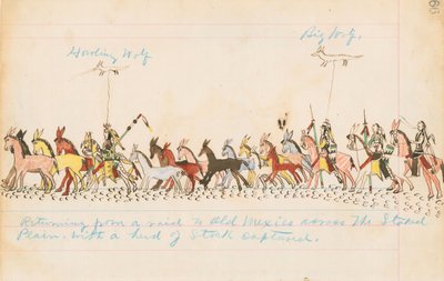 Retur fra et raid til Old Mexico over stakedslettene med en flokk fanget, 1874-75 (penn, blekk og wc på hovedbokpapir) av Howling Wolf