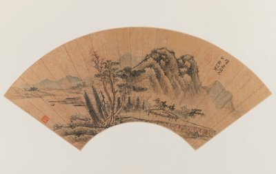 Landskap malt på en vifte (blekk og farge på gullflekket papir) av Hsiang Chien Huang