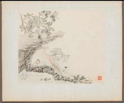 Album med landskapsmalerier som illustrerer gamle dikt: En mann ligger under et steinete overheng, 1700-tallet. av Hua Yan