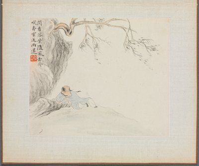Album med landskapsmalerier som illustrerer gamle dikt: A Man Reclines..., 1700-tallet. av Hua Yan