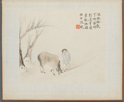 Album med landskapsmalerier som illustrerer gamle dikt: En mann og en hest ved en bekk, 1700-tallet. av Hua Yan