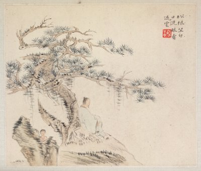Album med landskapsmalerier som illustrerer gamle dikt: En gammel mann sitter under et furutre..., 1700-tallet. av Hua Yan