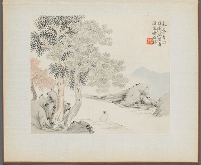 Album med landskapsmalerier som illustrerer gamle dikt: Three Big Trees, a Stream..., 1700-tallet. av Hua Yan