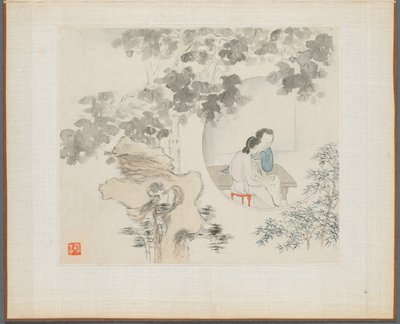 Album med landskapsmalerier som illustrerer gamle dikt: To kvinner sitter ved et bord..., 1700-tallet. av Hua Yan