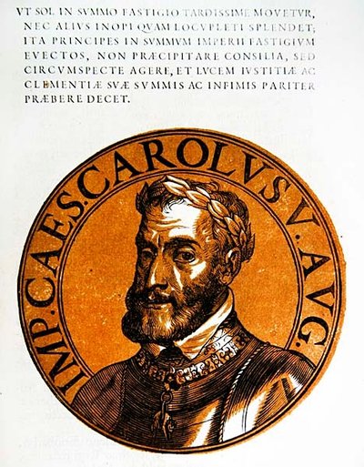 Medaljongportrett av Charles V, den hellige romerske keiseren av Hubert (after) Goltzius