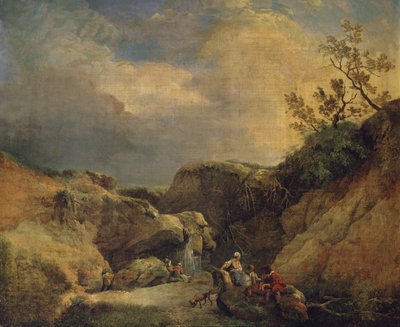 Et steinete skogslandskap med reisende som snakker ved en foss (olje på lerret) av Hubert (circle of) Robert