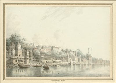 Benares ved elven Ganges (blyant, penn og blekk og w/c på papir) av Hubert Cornish