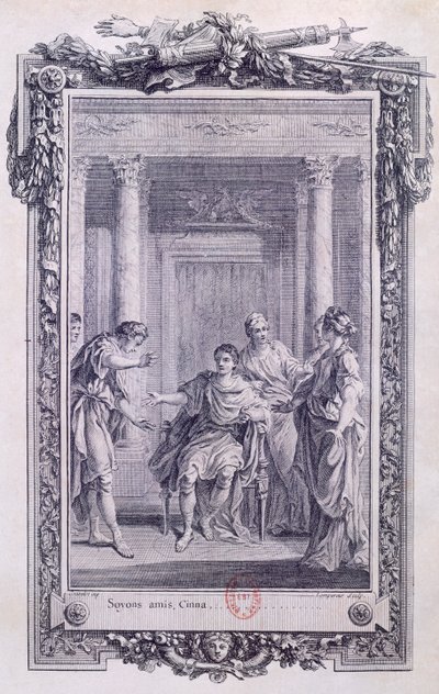 Cinna or The Clemency of Augustus, tragedie av Pierre Corneille (1606-1684), gravering av Gravelot (1699-1773) av Hubert Francois Gravelot