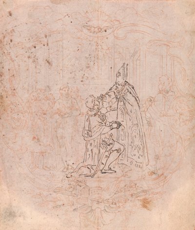 Design for en frontispice: En biskop som gir en ære, scene i en kartusj av Hubert Francois Gravelot