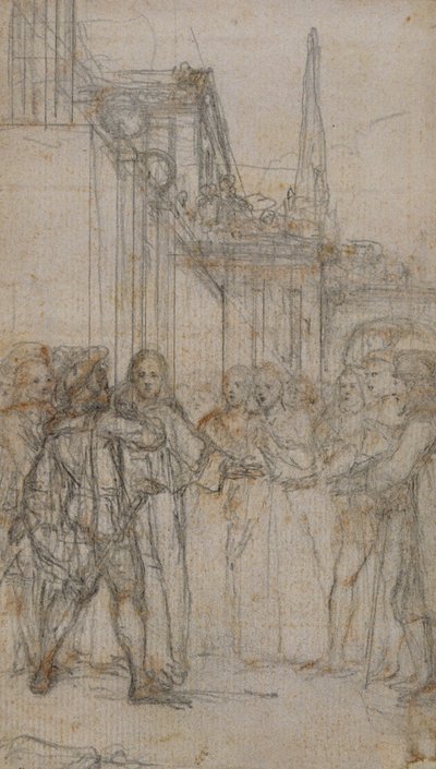 Litterær illustrasjon: Mann med sverd konfronterer gruppe av figurer før bygging av Hubert Francois Gravelot
