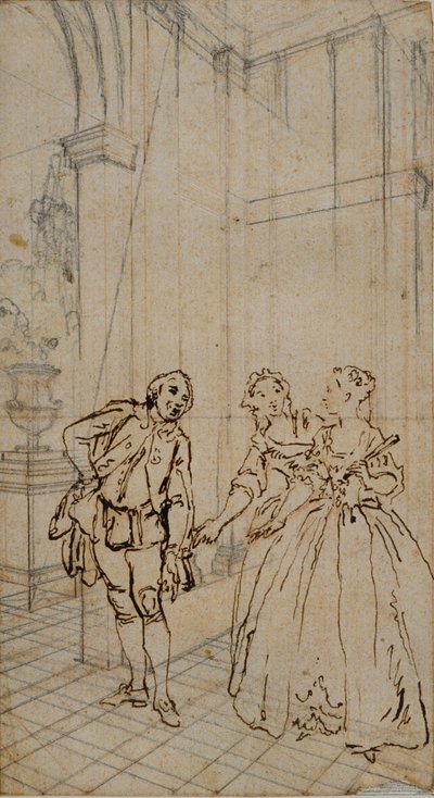 Litterær illustrasjon med gentleman og to damer i interiøret av Hubert Francois Gravelot