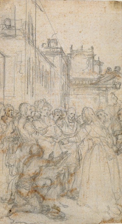 Litterær illustrasjon med en gruppe figurer som bønnfaller mennesket av Hubert Francois Gravelot