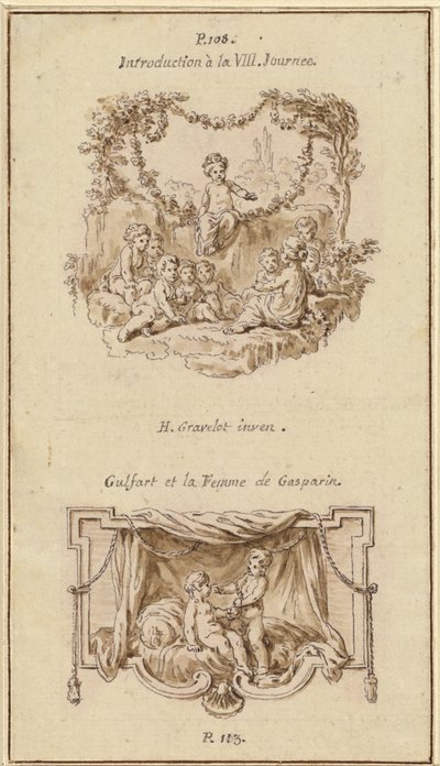 Nine Children Listening to a Girl Tell a Story; A Boy Handing a Purse to a Girl Seated on a Bed   1225526   no       norwegian Successfully Translated  Original: Kerkgangers buiten een kerk Translat: Kerkgangers buiten een kerk 1385732 no norwegian Success av Hubert Francois Gravelot