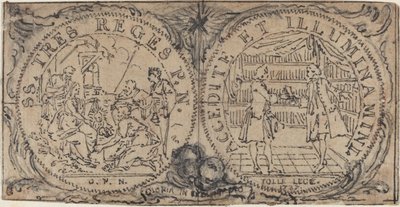 Prydmedaljonger med tilbedelsen av magiene og to bibliofile av Hubert Francois Gravelot