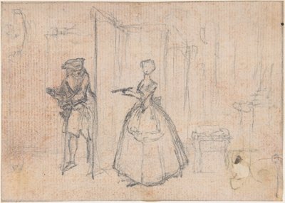Studie til «Å bedra onkelen hennes», etset vignett i «Sanger i operaen Flora» av Hubert Francois Gravelot
