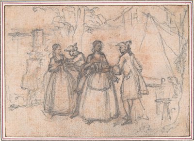 Studie til «Den mistenkelige messen», etset vignett i «Sanger i operaen Flora» av Hubert Francois Gravelot