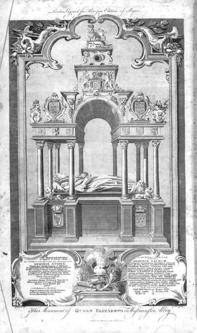 Monumentet til dronning Elizabeth i Westminster Abbey, illustrasjon fra Rapins 