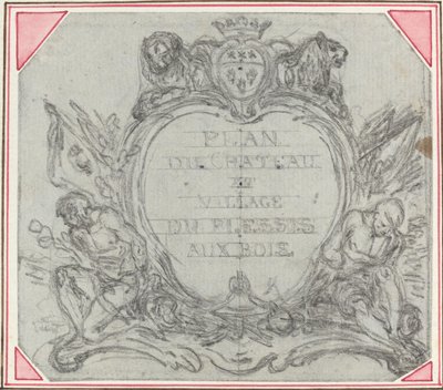 Tittel Cartouche for et kart over Chateau og landsbyen Le Plessis aux Bois av Hubert Francois Gravelot