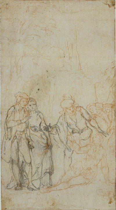 Uidentifisert litterær illustrasjon med en gruppe figurer rundt liggende figur i landskapet av Hubert Francois Gravelot