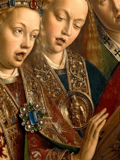 Detalj av syngende engler, fra venstre fløy av Ghent-altertavlen av Hubert & Jan van (1390 1441) Eyck