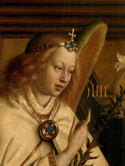 Detalj av Angel Annunciate, fra utsiden av venstre fløy av Ghent-altertavlen av Hubert & Jan van (1390 1441) Eyck