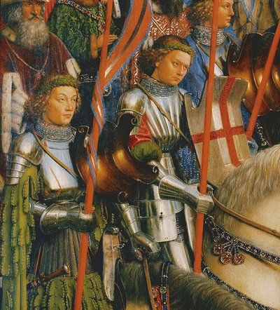 Detalj av The Knights of Christ, fra venstre side av Ghent-altertavlen av Hubert & Jan van (1390 1441) Eyck
